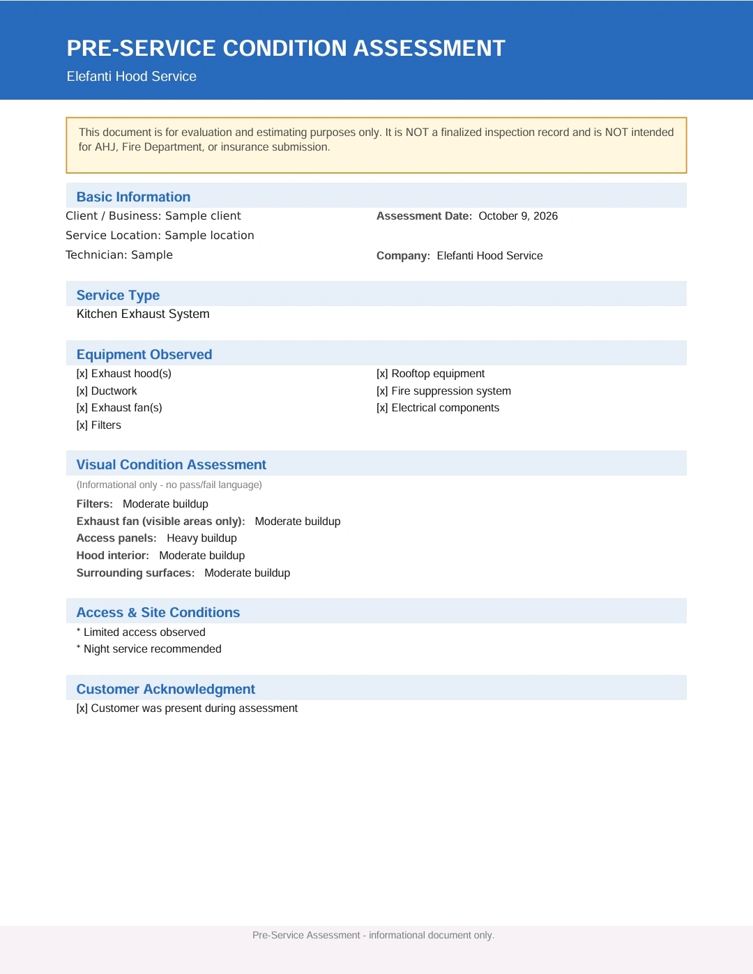 Original Elefanti Hood Service pre-service condition assessment showing equipment observed, grease buildup, access conditions and service recommendations. Identifying details removed.
