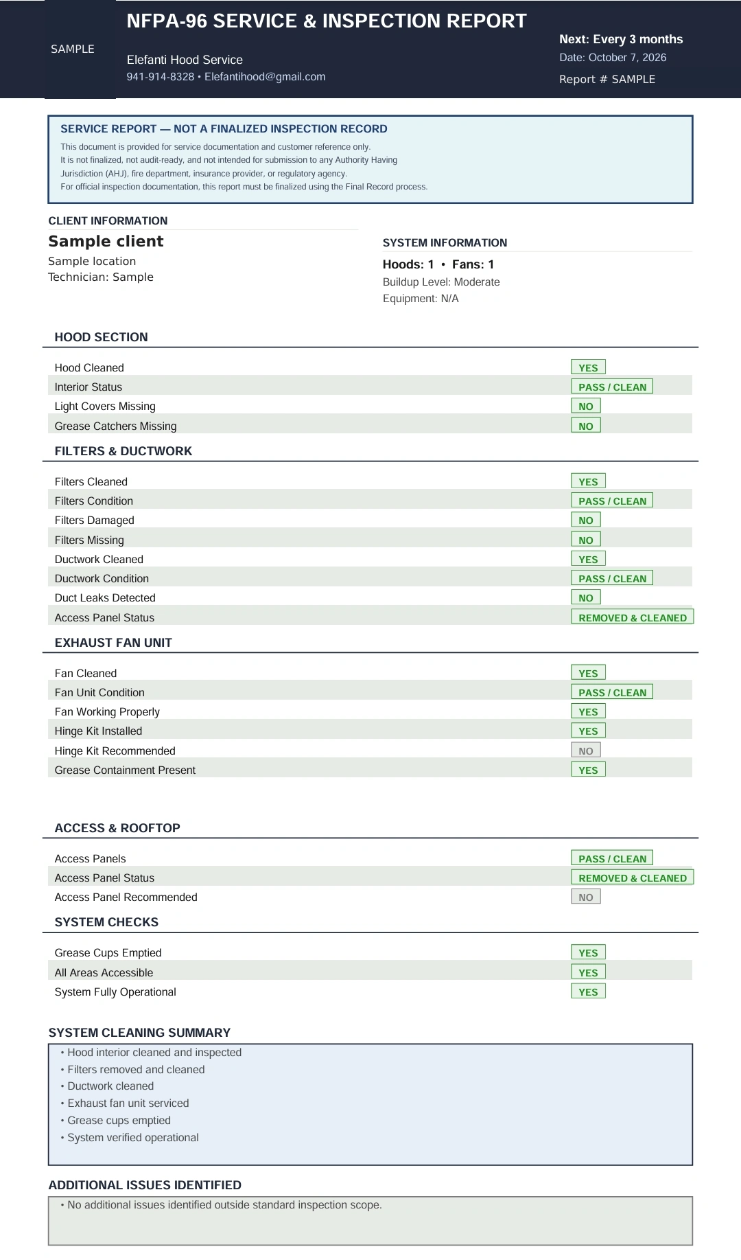 Original Elefanti Hood Service report format: hood, filter, ductwork and fan checks and written service summary. Identifying details and customer photographs removed.